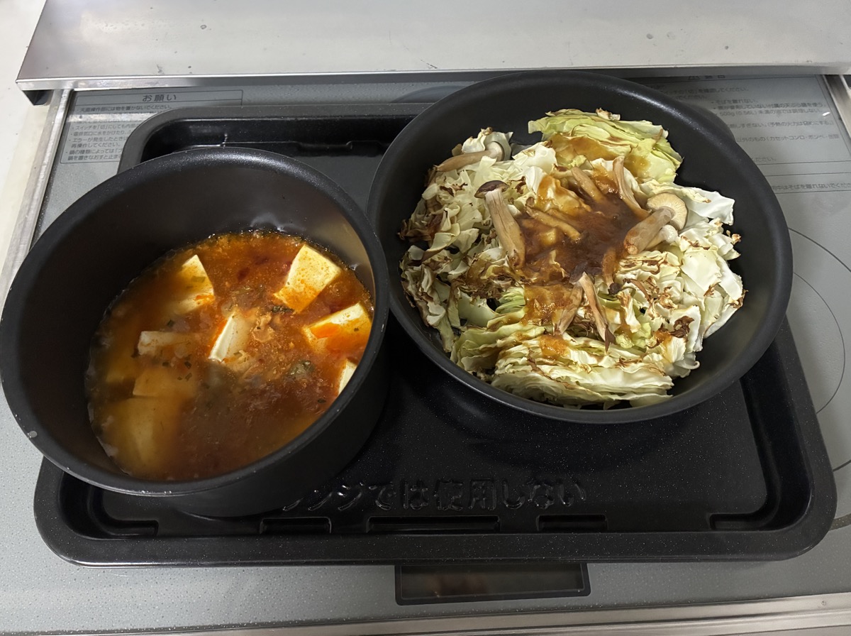 出来上がった麻婆豆腐とみぞれ炒め