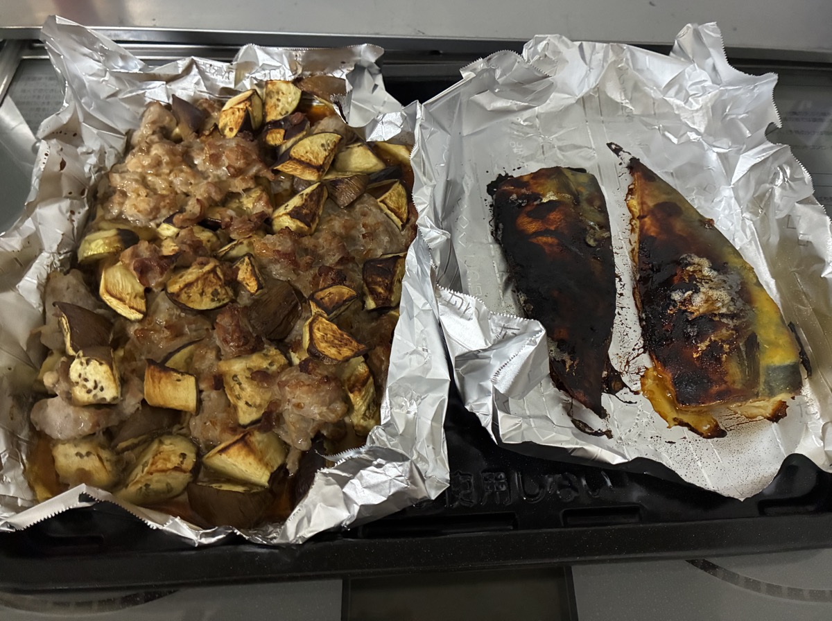 豚と茄子のオイスターソース炒めと鯖の西京焼き 完成
